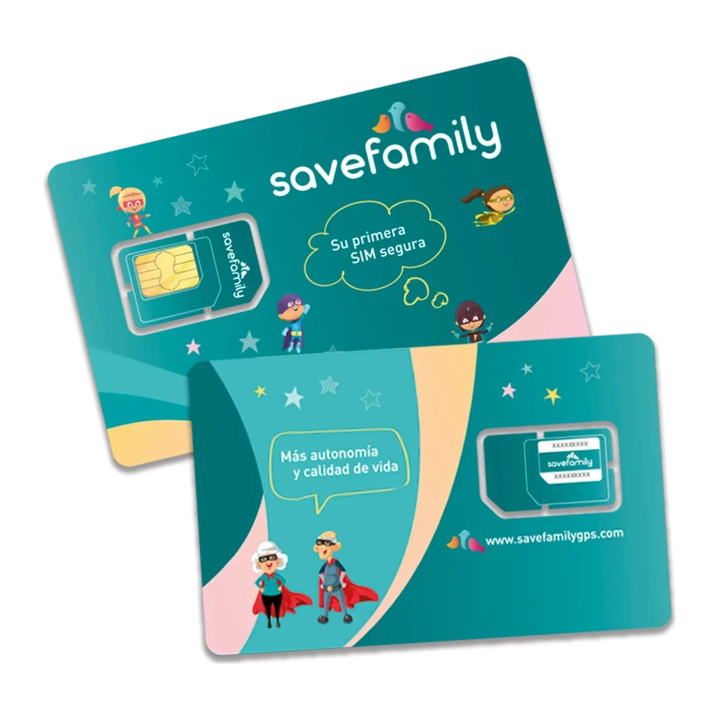 Tarjeta SIM SaveFamily 4G LTE Nano SIM para smartwatch; tarjetas verde y turquesa con ilustraciones infantiles, chip visible y mensajes de seguridad y - Ítem1
