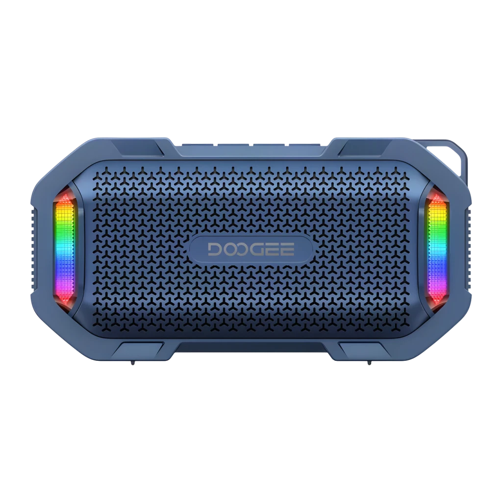 Altavoz Doogee Mag Grip Mini Azul con rejilla texturizada y luces LED RGB laterales, diseño robusto y compacto, bordes reforzados y asa integrada