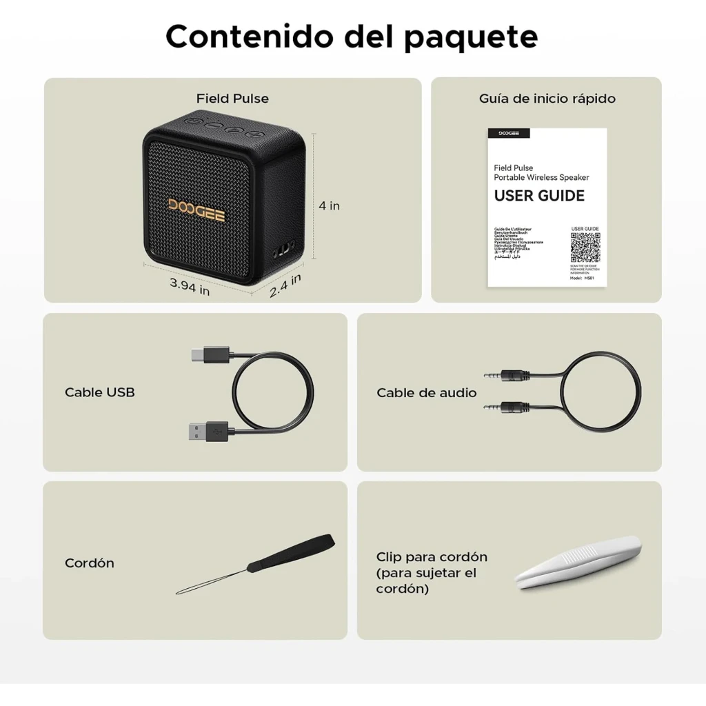 Enceinte Doogee Field Pulse Blanc compacte, boîtier texturé crème, grille métallique dorée à maille fine avec logo DOOGEE central, bords arrondis - Ítem8