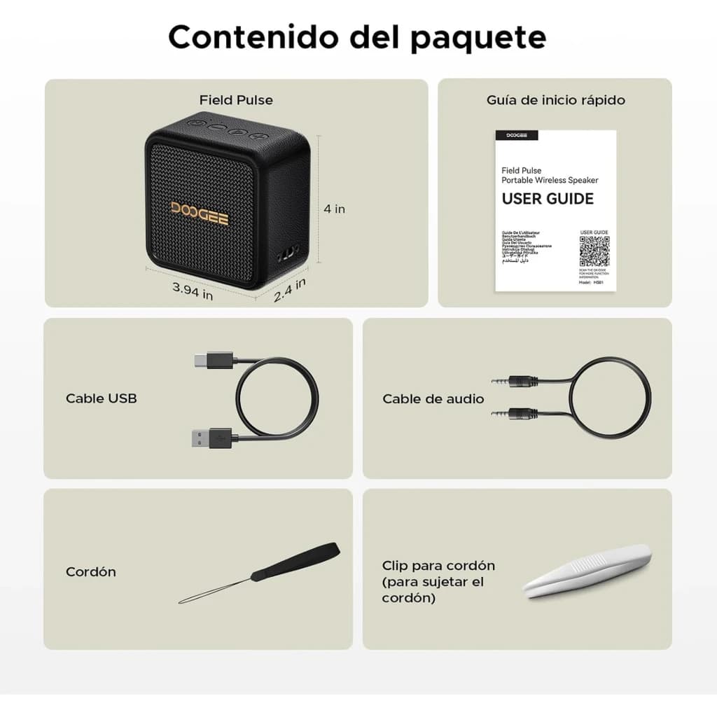 Altavoz Doogee Field Pulse negro compacto con rejilla frontal y logo dorado; incluye guía, cable USB, cable de audio, cordón y clip para sujeción