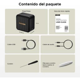 Altavoz Doogee Field Pulse negro compacto con rejilla frontal y logo dorado; incluye guía, cable USB, cable de audio, cordón y clip para sujeción