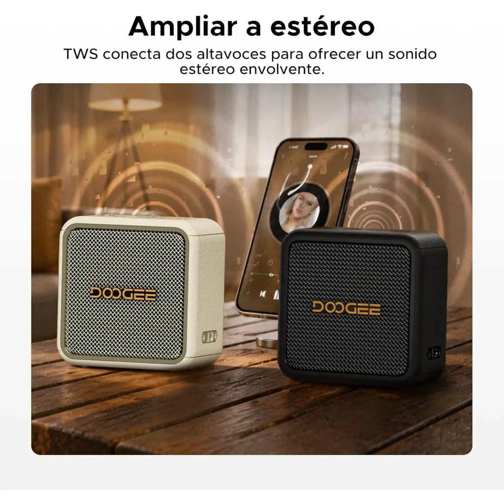 Enceinte Doogee Field Pulse Blanc compacte, boîtier texturé crème, grille métallique dorée à maille fine avec logo DOOGEE central, bords arrondis - Ítem7