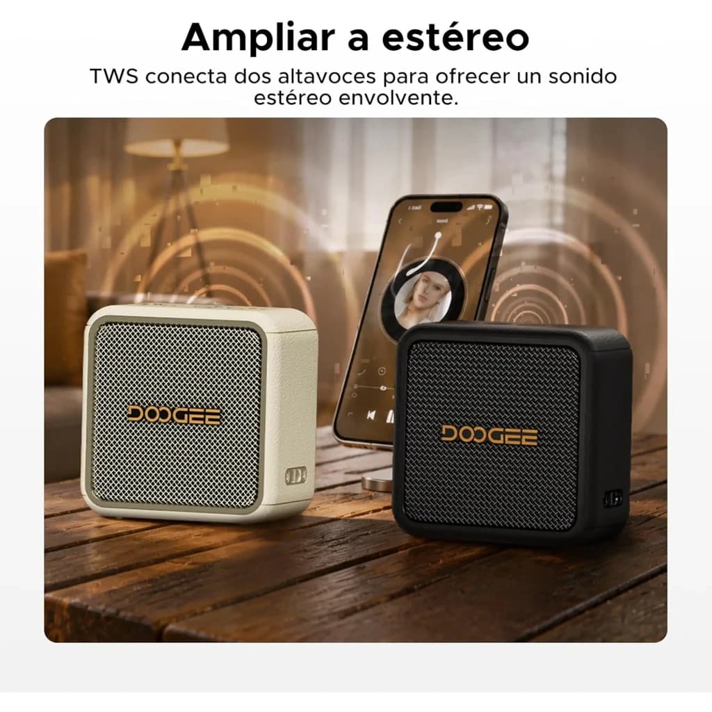 Altavoz Doogee Field Pulse negro, compacto y rugerizado, rejilla metálica con logo dorado, botones laterales y base antideslizante, diseño apto para exterior