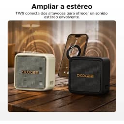 Altavoz Doogee Field Pulse negro, compacto y rugerizado, rejilla metálica con logo dorado, botones laterales y base antideslizante, diseño apto para exterior