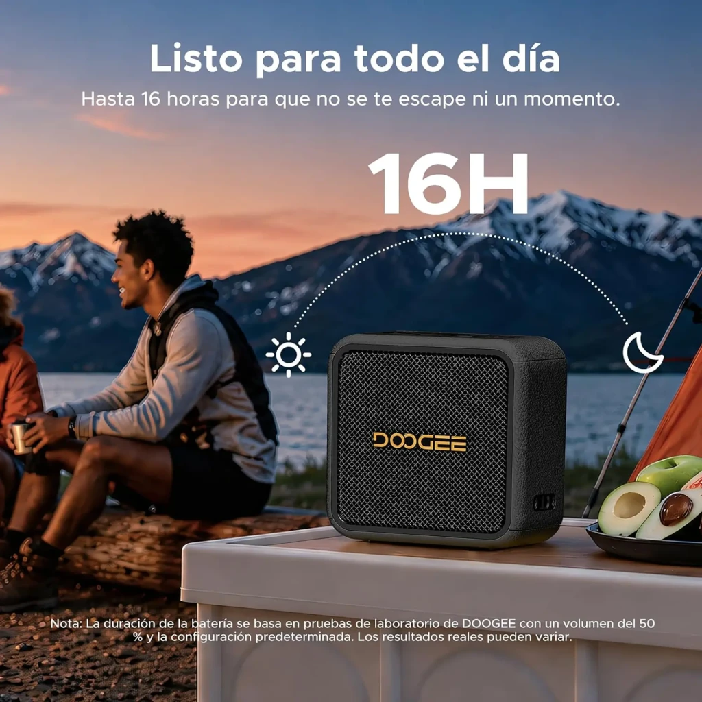 Enceinte Doogee Field Pulse Blanc compacte, boîtier texturé crème, grille métallique dorée à maille fine avec logo DOOGEE central, bords arrondis - Ítem6