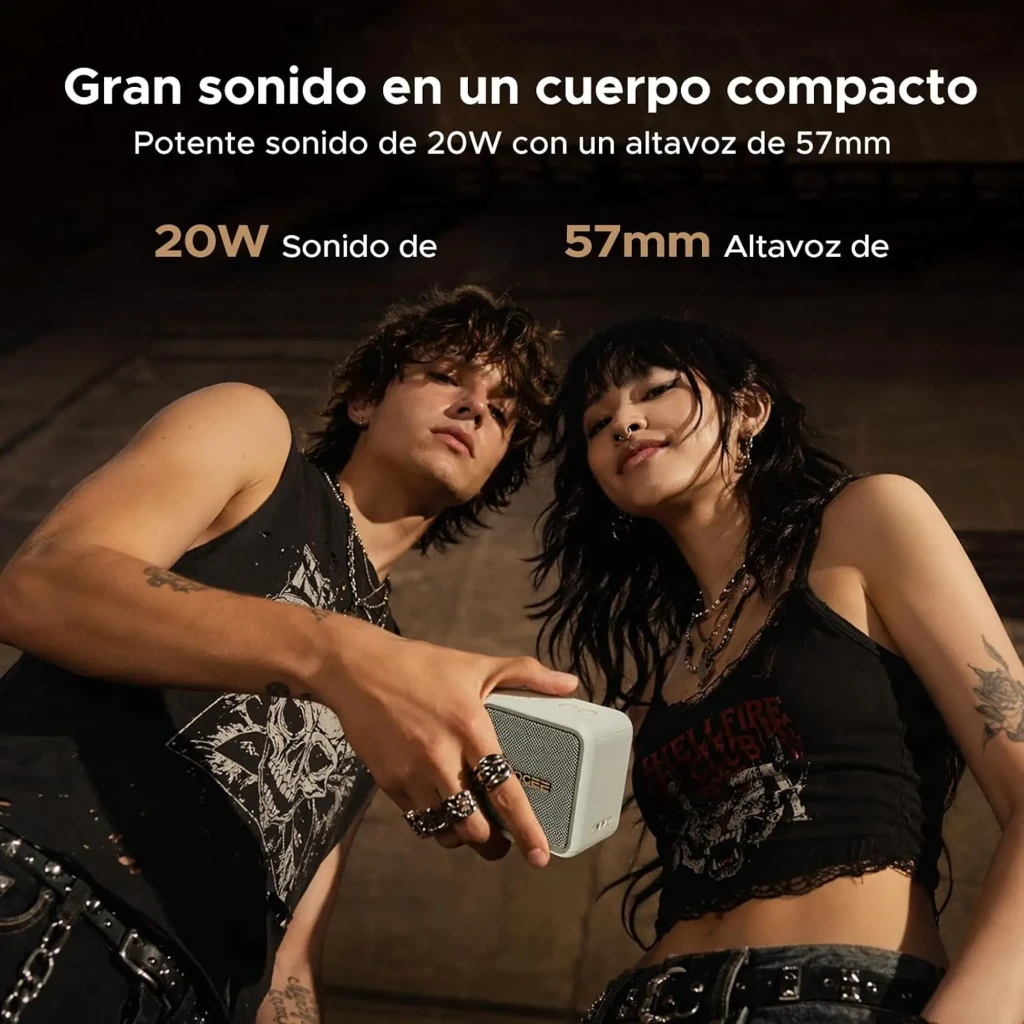 Enceinte Doogee Field Pulse Blanc compacte, boîtier texturé crème, grille métallique dorée à maille fine avec logo DOOGEE central, bords arrondis - Ítem5