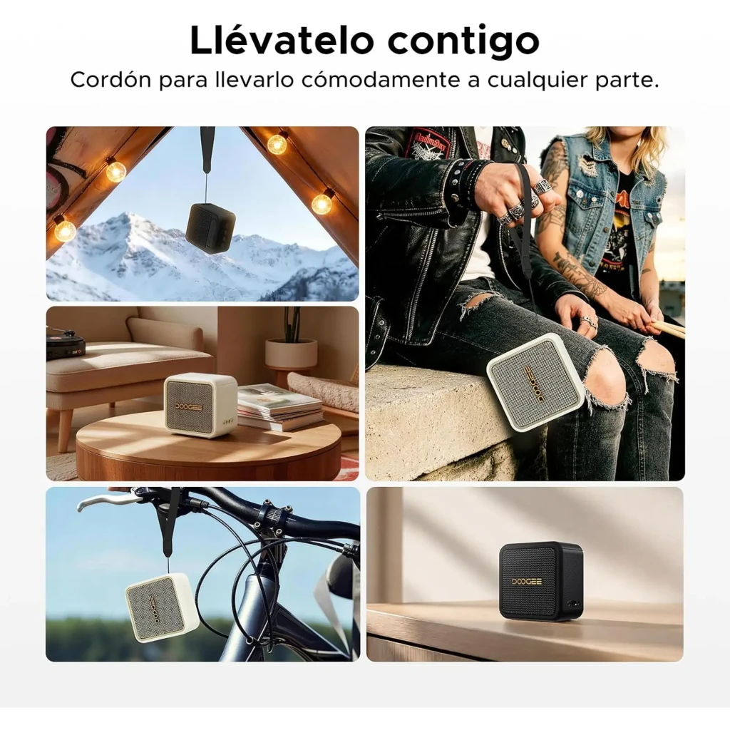 Enceinte Doogee Field Pulse Blanc compacte, boîtier texturé crème, grille métallique dorée à maille fine avec logo DOOGEE central, bords arrondis - Ítem4