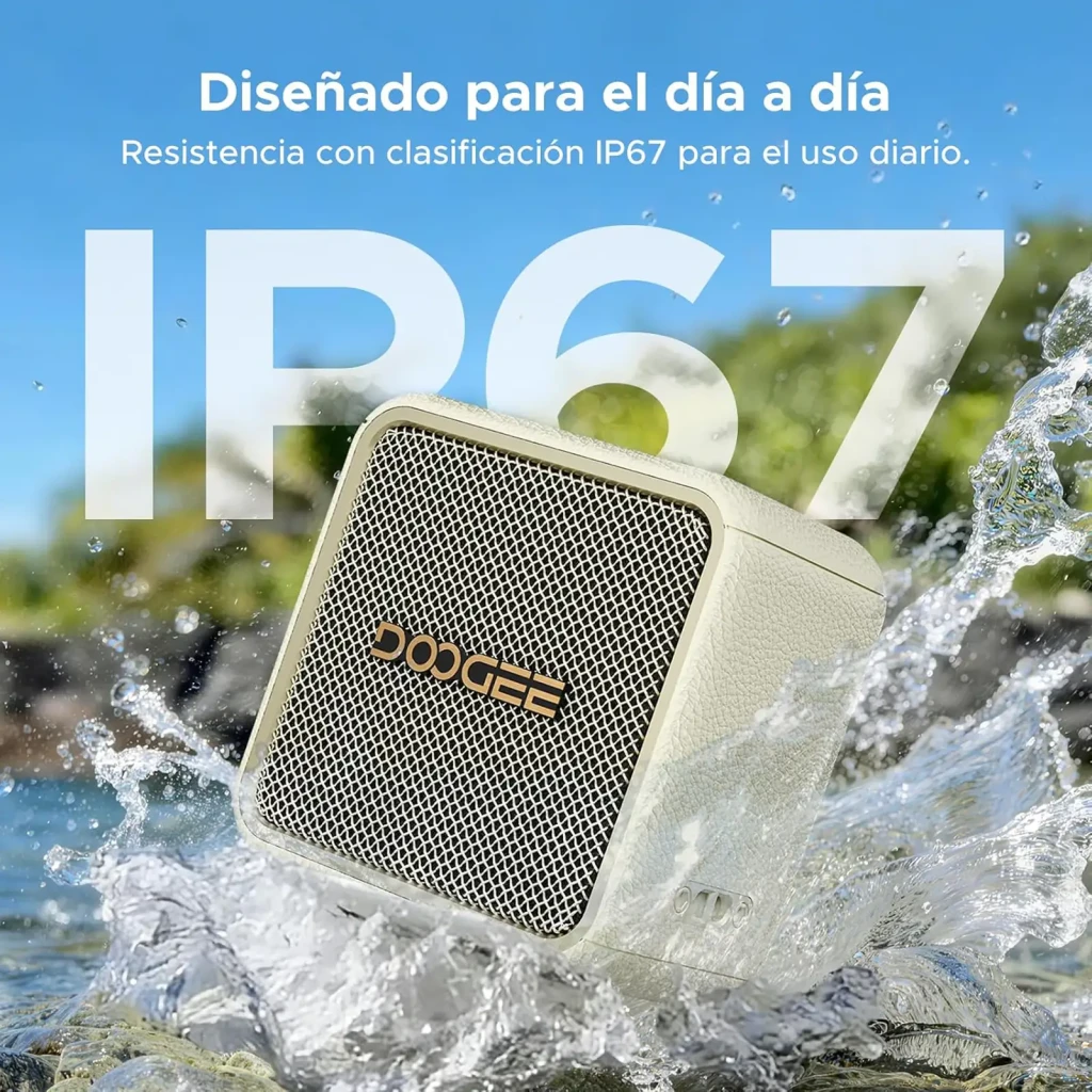 Enceinte Doogee Field Pulse Blanc compacte, boîtier texturé crème, grille métallique dorée à maille fine avec logo DOOGEE central, bords arrondis - Ítem3
