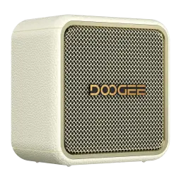 Altavoz Doogee Field Pulse blanco con rejilla metálica dorada, diseño cúbico texturizado, logo frontal destacado y bordes redondeados IP67 15W Bluetooth 5.3
