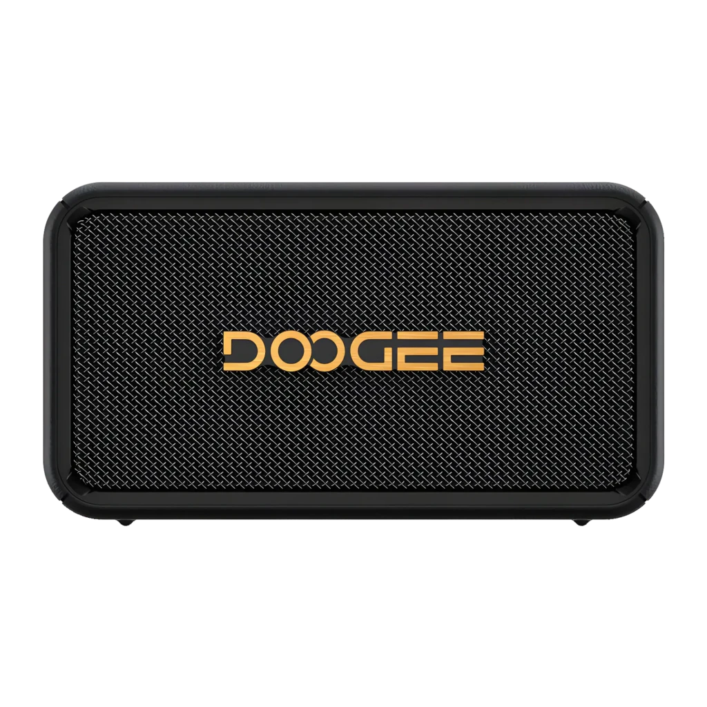 Altavoz Doogee Field Echo negro con rejilla metálica y logo dorado, diseño rectangular robusto con bordes redondeados, ideal para exterior IP67