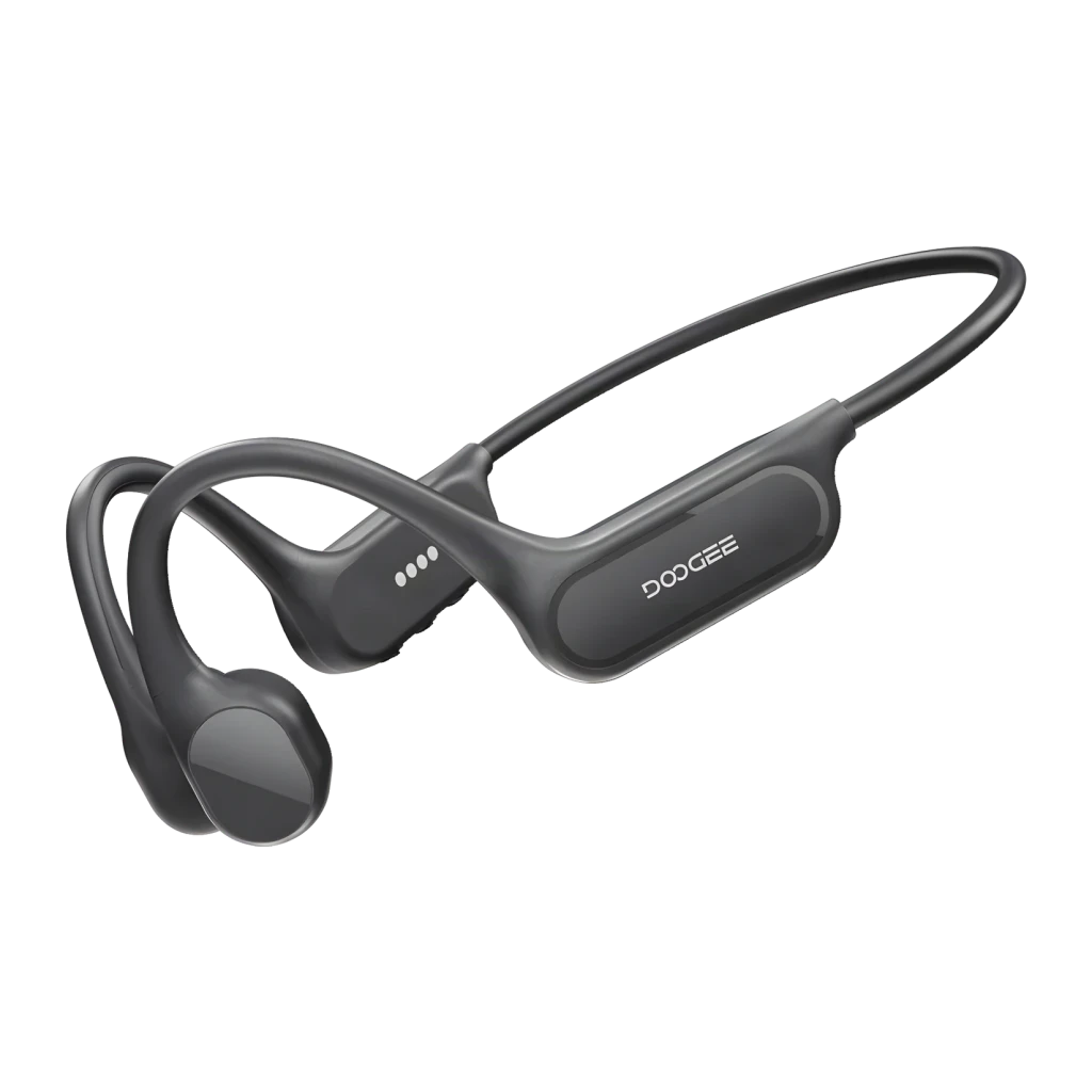 Auriculares Doogee BoneBeat Swim Lite en gris oscuro con diseño open ear y banda trasera flexible; módulo lateral con logo Doogee y contactos magnéticos de