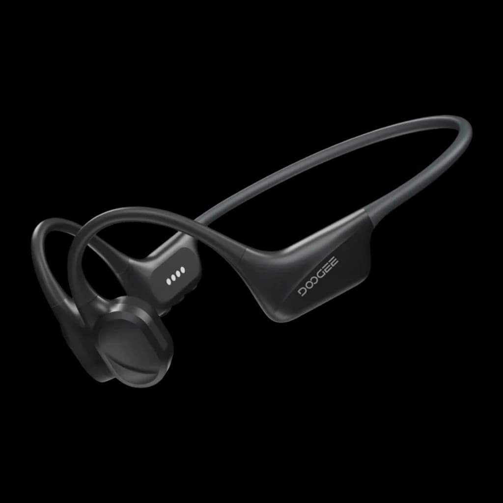 Casque Doogee BoneBeat Swim open-ear noir avec arceau flexible, transducteurs osseux latéraux, module Bluetooth 5.4, boutons discrets et design étanche IP68