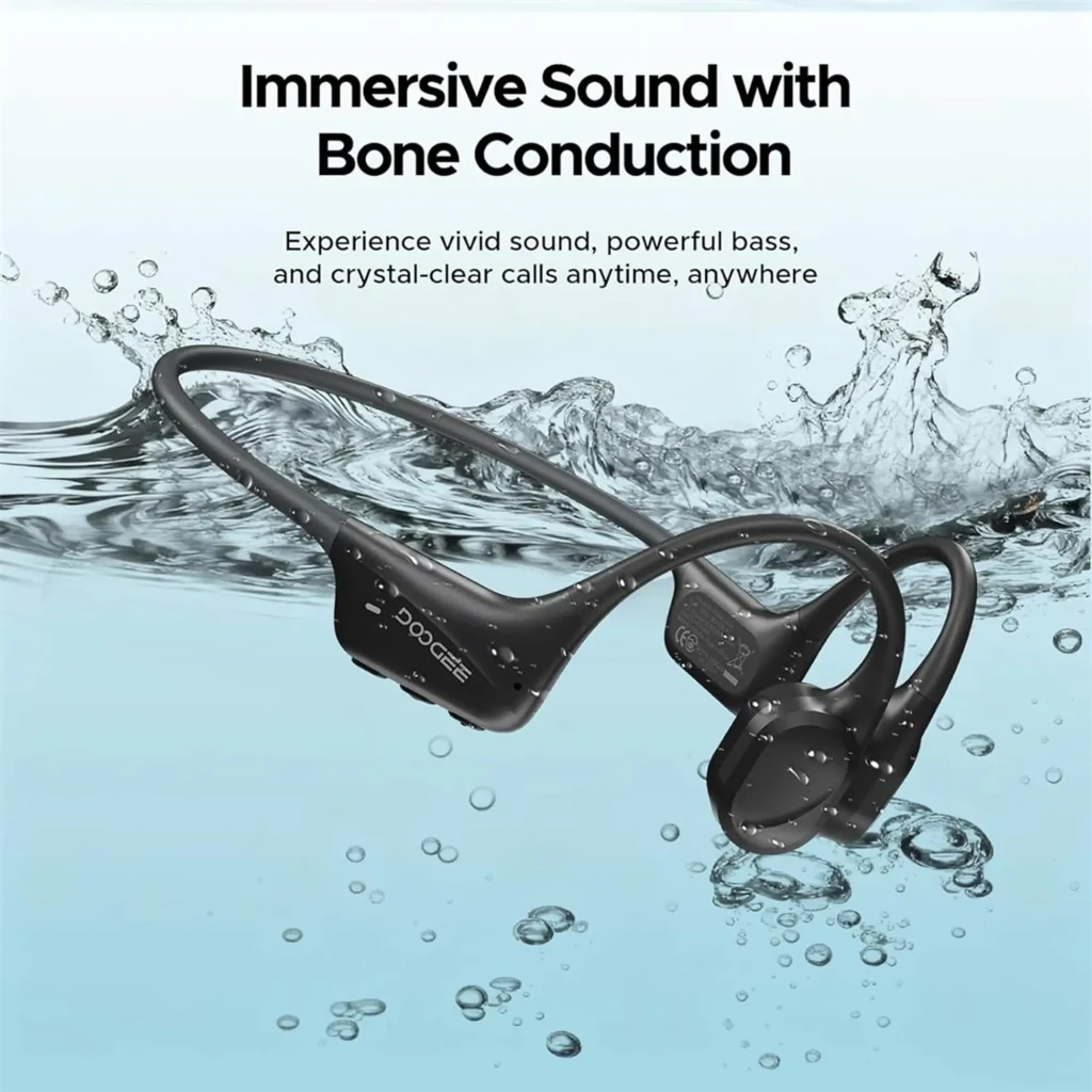Auriculares Doogee BoneBeat Swim de diseño abierto, contorno de nuca flexible, color negro mate, módulos laterales compactos y contactos magnéticos de carga - Ítem3