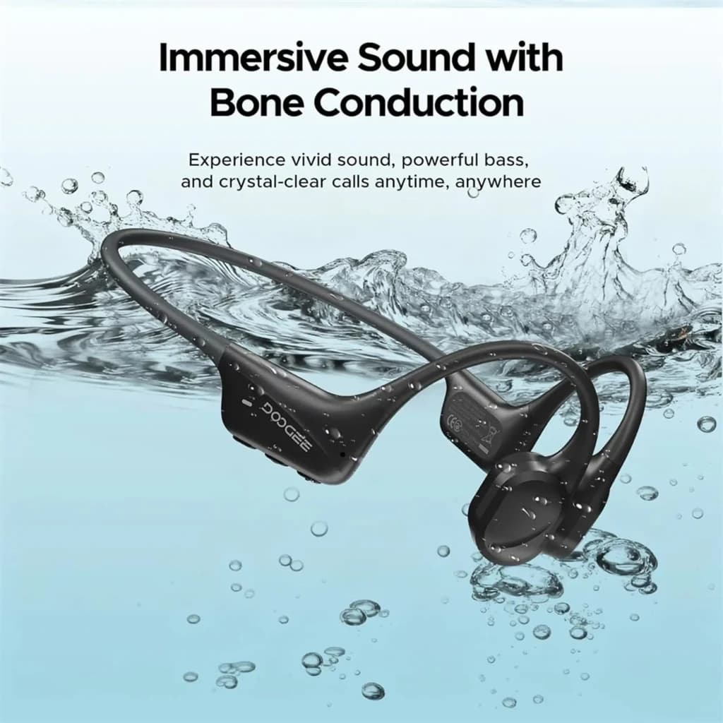 Casque Doogee BoneBeat Swim open-ear noir, tour de cou flexible, design étanche IP68, commandes latérales, idéal pour natation et appels clairs