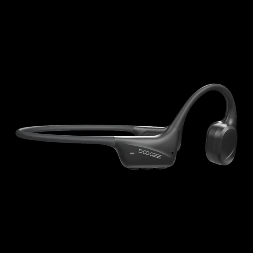 Casque Doogee BoneBeat Swim open-ear noir, arceau tour de tête flexible, oreillettes osseuses compactes, boutons latéraux et logo DOOGEE discret