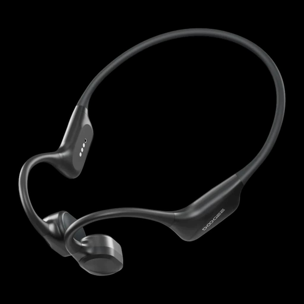 Casque Doogee BoneBeat Swim open-ear noir avec arceau tour de cou flexible, transducteurs osseux latéraux, commandes sur oreillette et design étanche IP68
