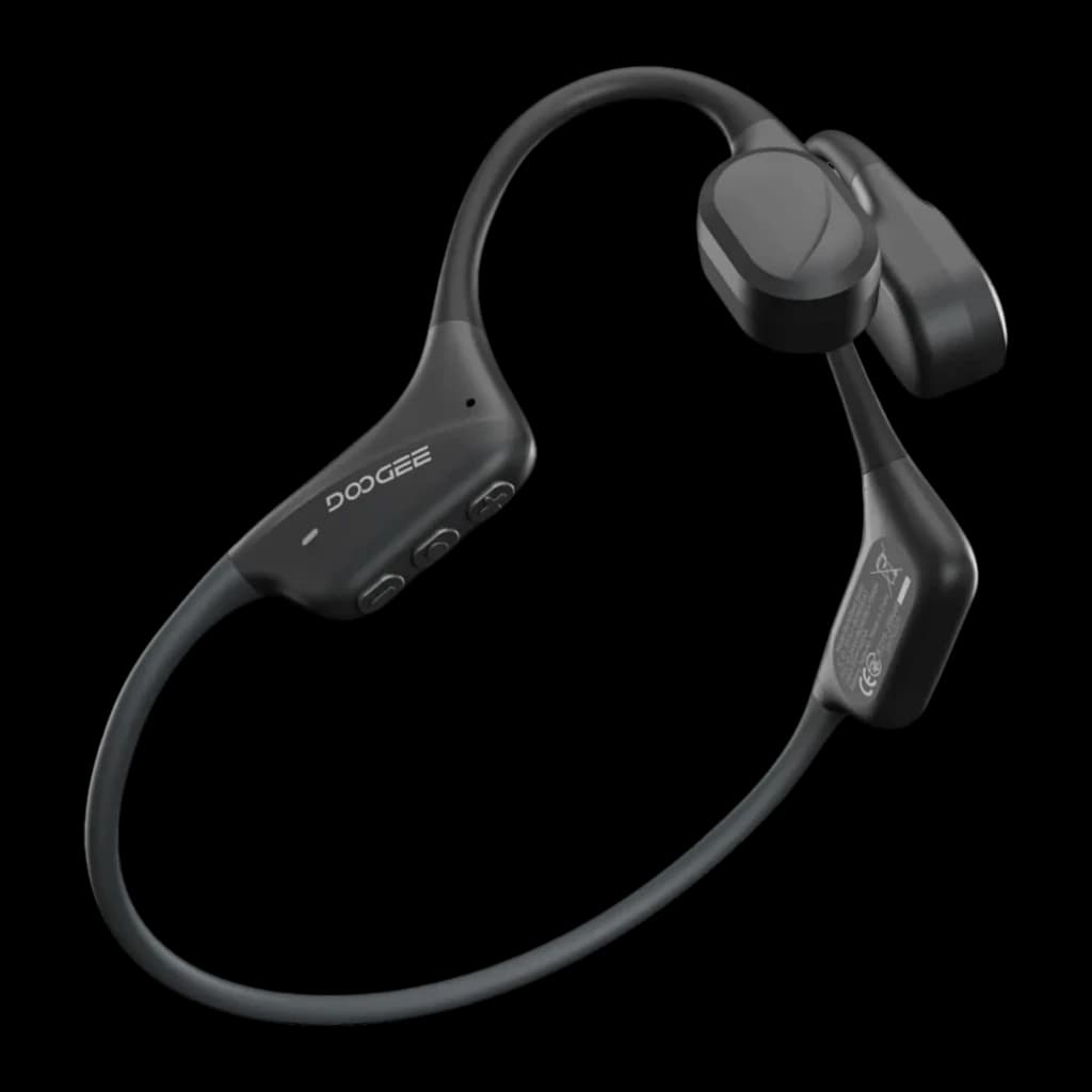 Casque open-ear noir Doogee BoneBeat Swim, arceau tour de cou flexible, boutons latéraux, transducteurs osseux, design sportif étanche IP68