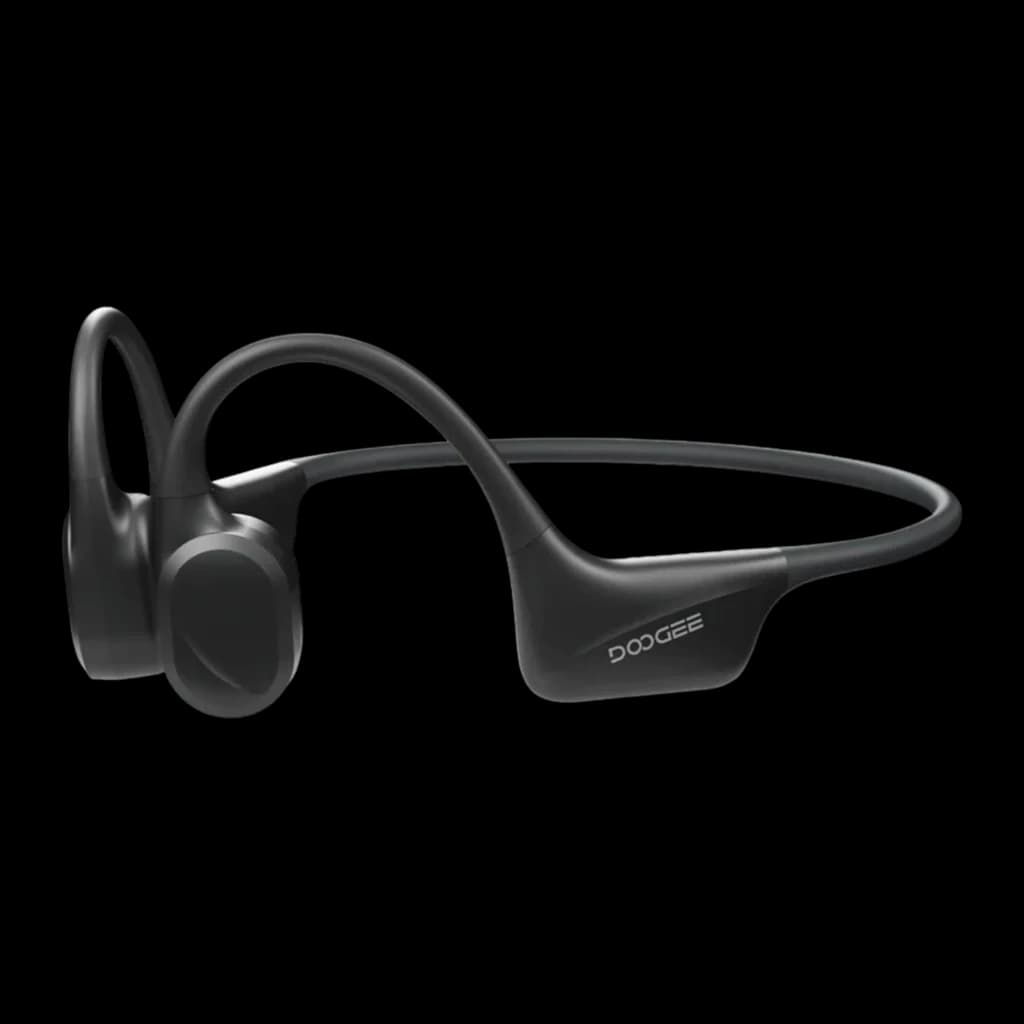 Casque Doogee BoneBeat Swim à conduction osseuse, design tour d oreille ouvert, arceau souple noir, boutons latéraux discrets, idéal pour sport et natation