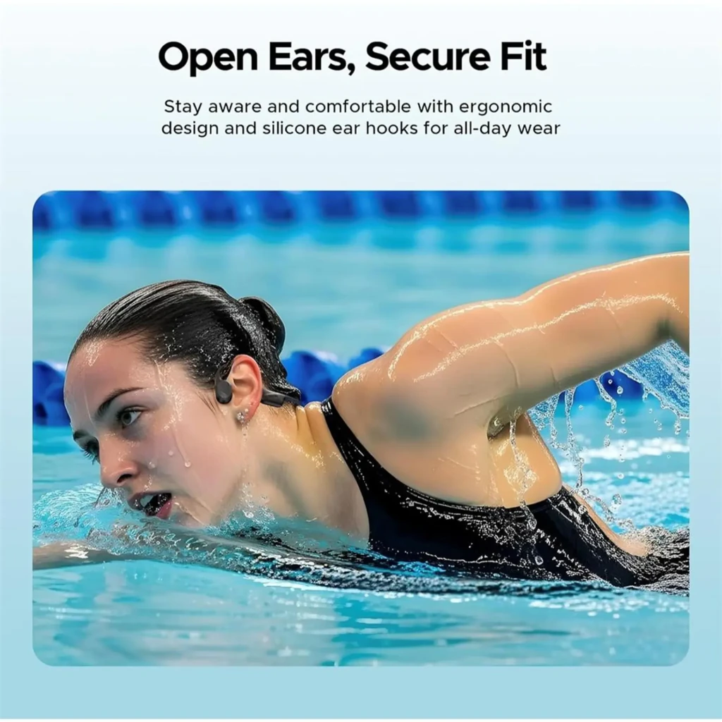Auriculares Doogee BoneBeat Swim de diseño abierto, contorno de nuca flexible, color negro mate, módulos laterales compactos y contactos magnéticos de carga - Ítem6