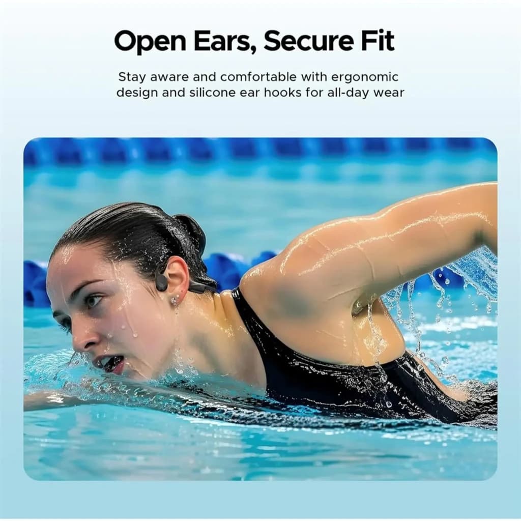 Casque Doogee BoneBeat Swim open-ear noir, design ergonomique avec crochets d’oreille en silicone, étanche IP68, profil sportif pour nage en piscine