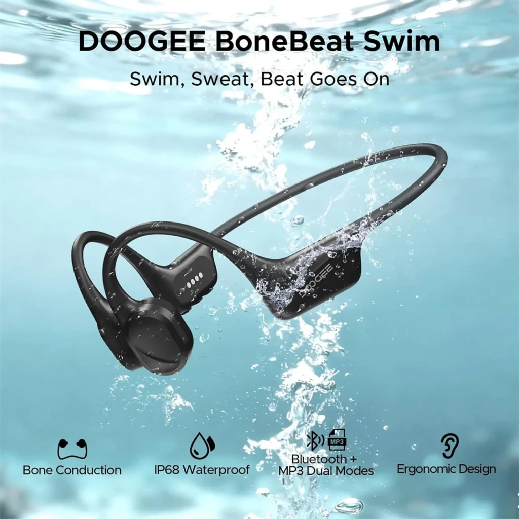 Auriculares Doogee BoneBeat Swim de diseño abierto, contorno de nuca flexible, color negro mate, módulos laterales compactos y contactos magnéticos de carga - Ítem5
