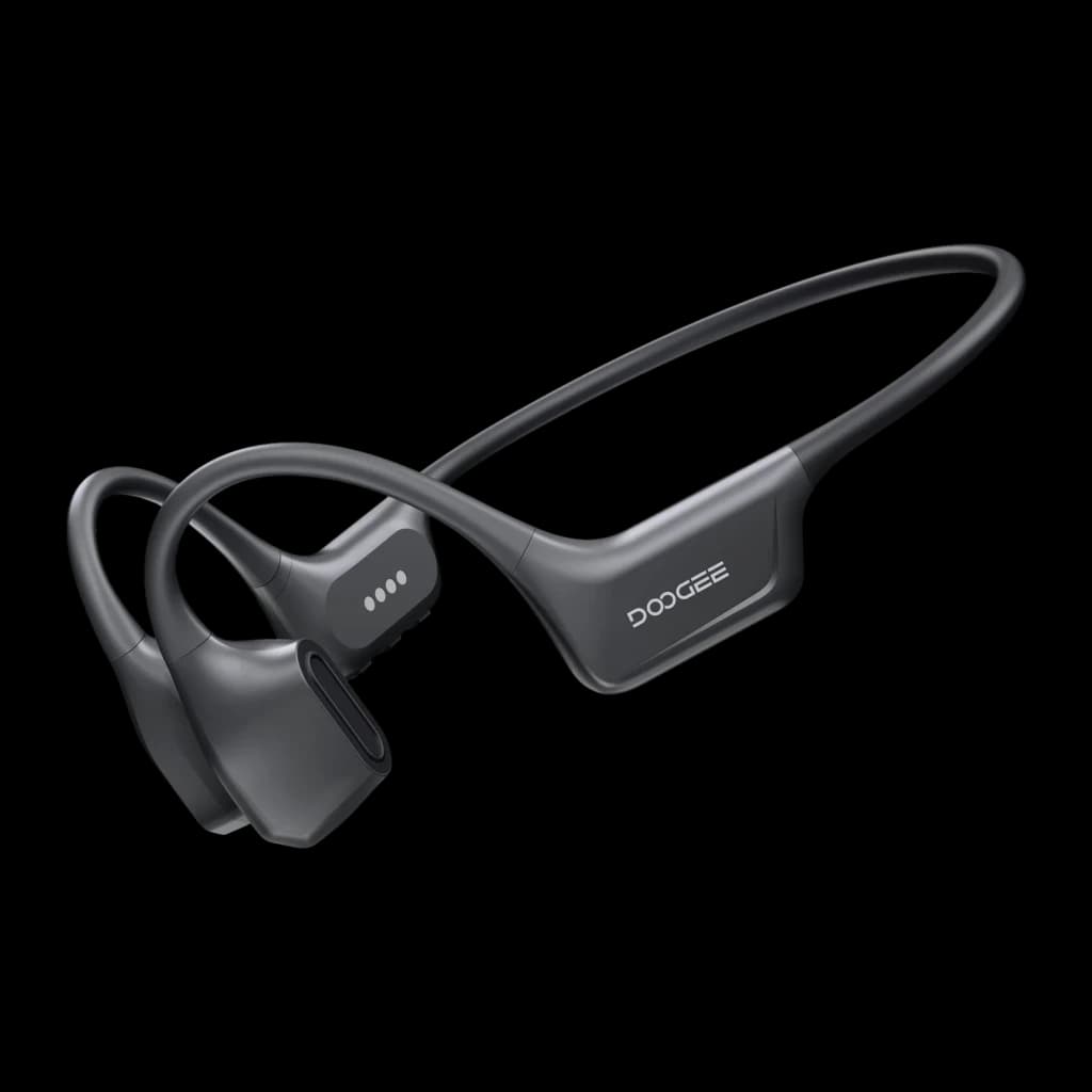 Casque Doogee BoneAir Swim à conduction osseuse, design tour de tête noir, oreille ouverte, modules latéraux compacts, connecteurs magnétiques de charge
