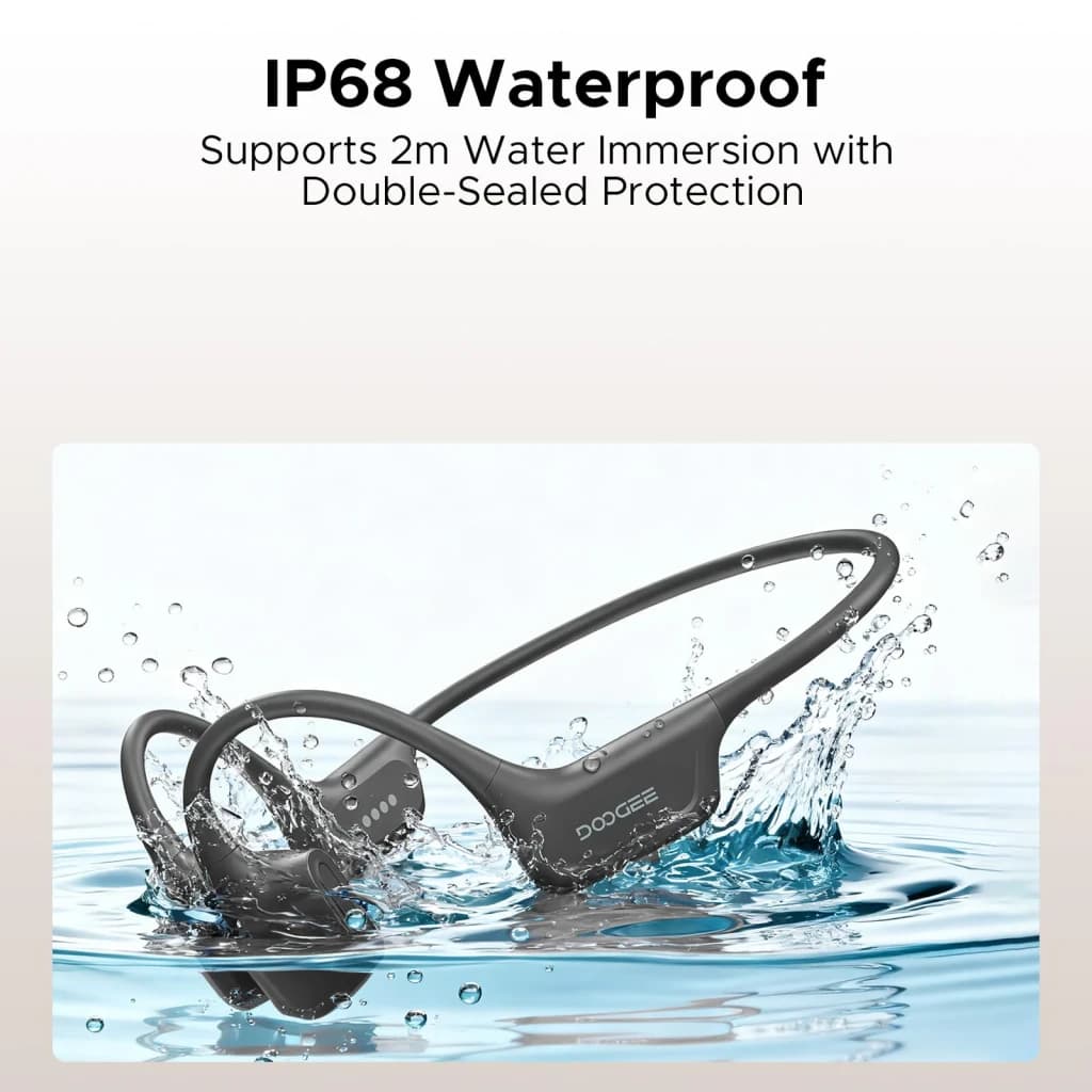 Casque Doogee BoneAir Swim open-ear noir, arceau tour de tête, transducteurs osseux, étanche IP68, immersion 2 m, design fin pour natation et sport