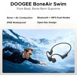Casque Doogee BoneAir Swim open-ear noir, arceau tour de tête, transducteurs osseux latéraux, boutons visibles, étanche IP68, design léger pour natation et