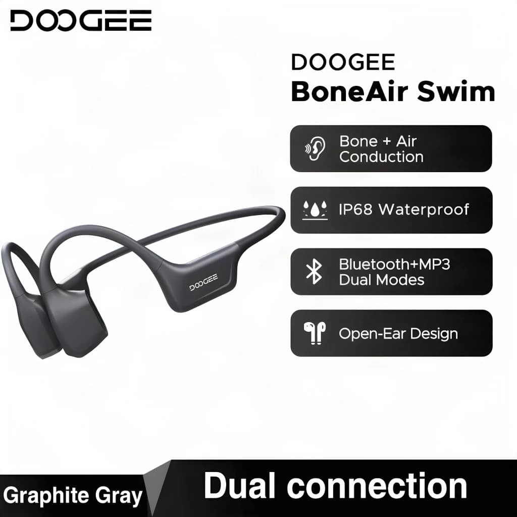 Casque Doogee BoneAir Swim open-ear gris graphite, design tour d’oreille, conduction os + air, étanche IP68, boutons latéraux, arceau flexible et léger