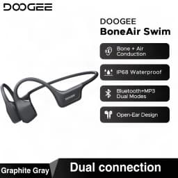 Casque Doogee BoneAir Swim open-ear gris graphite, design tour d’oreille, conduction os + air, étanche IP68, boutons latéraux, arceau flexible et léger