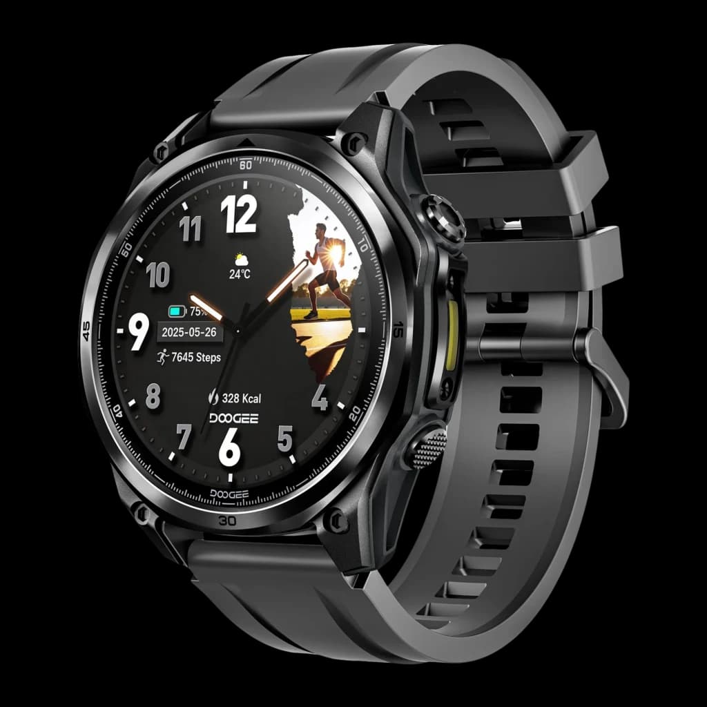 Doogee Anywise W1 Lite smartwatch preto 5ATM com caixa robusta, mostrador redondo esportivo, números grandes, pulseira de silicone cinza e botões laterais