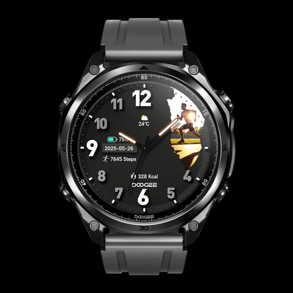 Doogee Anywise W1 Lite smartwatch preto 5ATM, caixa robusta metálica, mostrador redondo com números grandes, pulseira silicone cinza, botões laterais