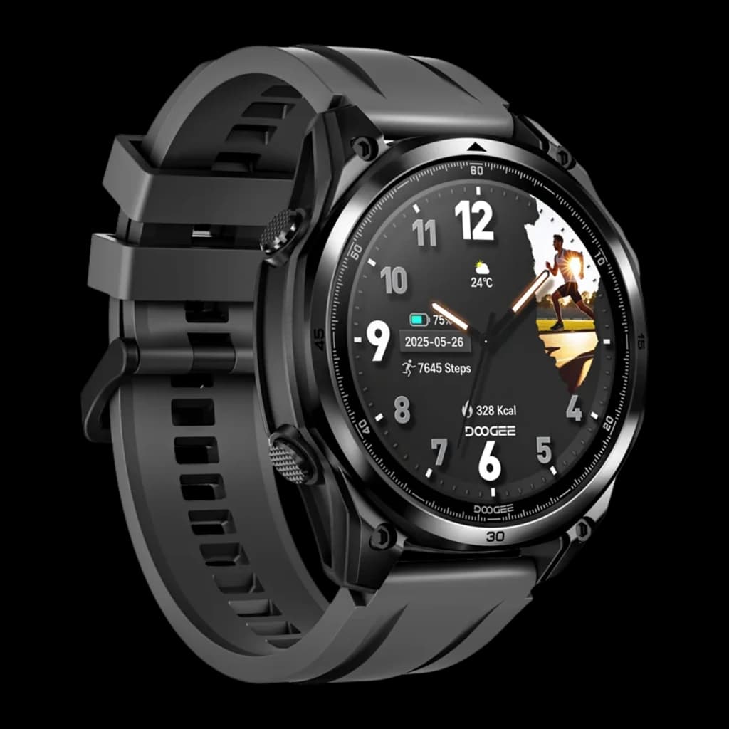 Doogee Anywise W1 Lite preto com caixa redonda, mostrador digital com métricas de saúde, botões laterais e pulseira de silicone; resistência 5ATM