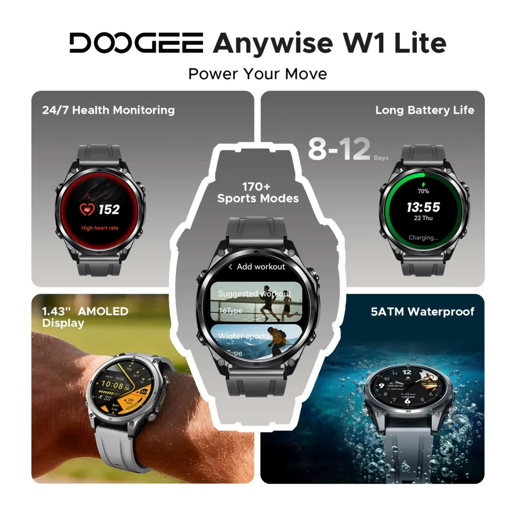 Doogee Anywise W1 Lite reloj inteligente negro 5ATM, caja robusta metálica, correa de silicona, pantalla circular con esferas deportivas y métricas de salud - Ítem1