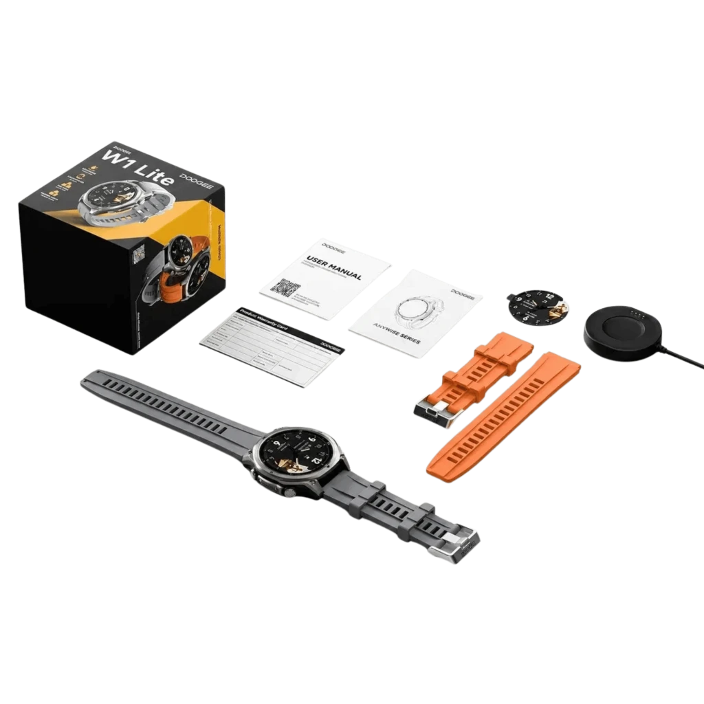 Doogee Anywise W1 Lite en titanio, pantalla circular con bisel robusto, correa de silicona gris, botones laterales, esfera con pasos, clima y calorías - Ítem4