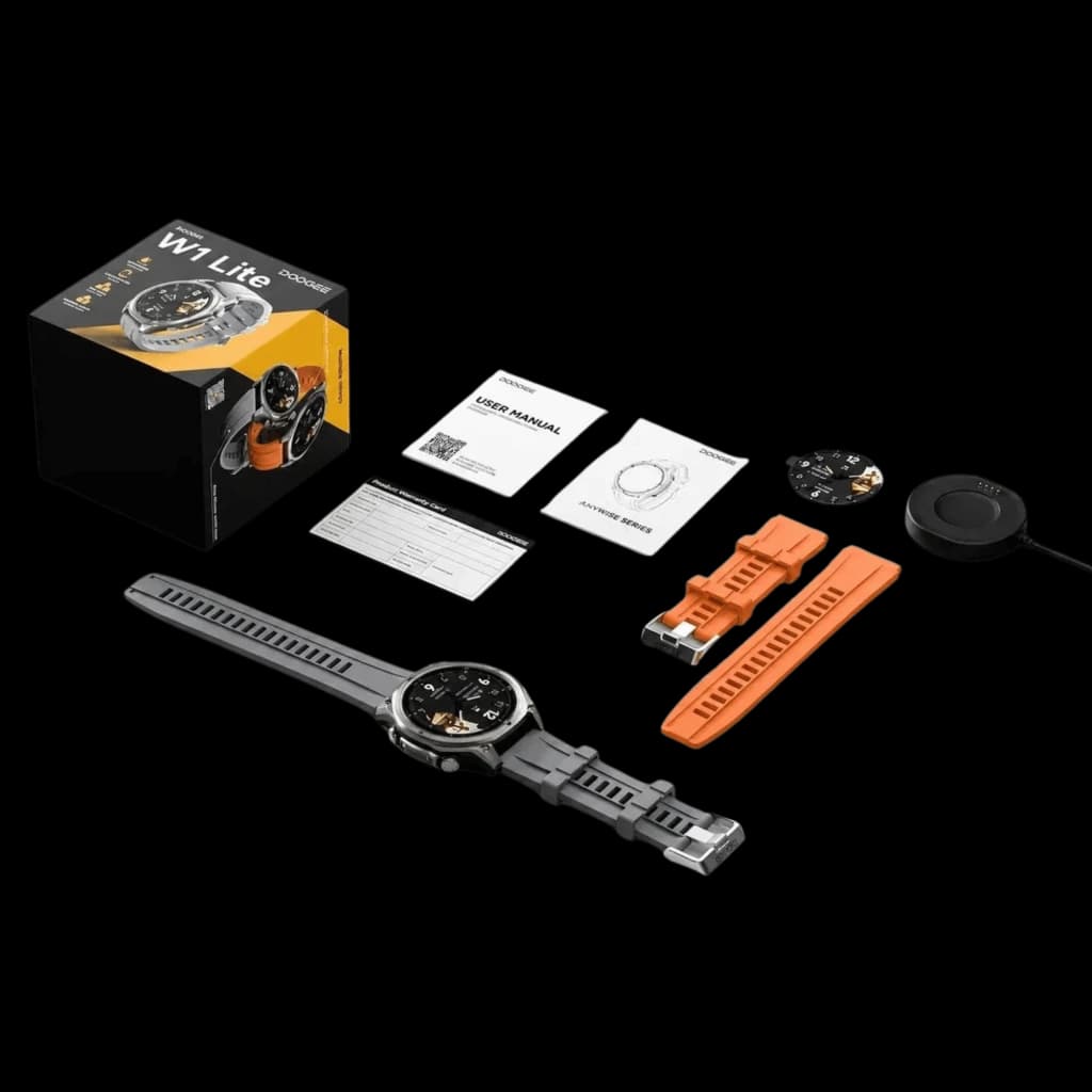 Relógio Doogee Anywise W1 Lite Titânio com mostrador redondo, pulseiras cinza e laranja, carregador magnético, manual e acessórios incluídos