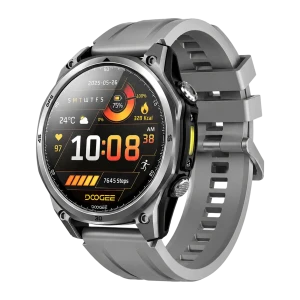 Doogee Anywise W1 en plata, reloj robusto con pantalla circular, correa de silicona gris, botones laterales, GPS L1+L5, linterna LED y batería hasta 18 días