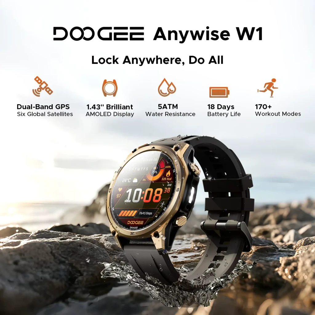 Doogee Anywise W1 en plata, reloj robusto con pantalla circular, correa de silicona gris, botones laterales, GPS L1+L5, linterna LED y batería hasta 18 días - Ítem2