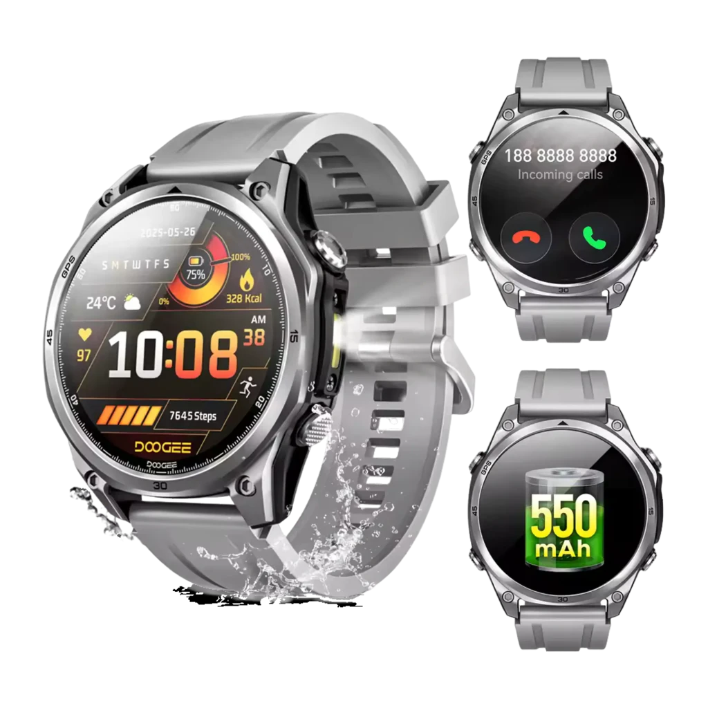 Doogee Anywise W1 en plata, reloj robusto con pantalla circular, correa de silicona gris, botones laterales, GPS L1+L5, linterna LED y batería hasta 18 días - Ítem1