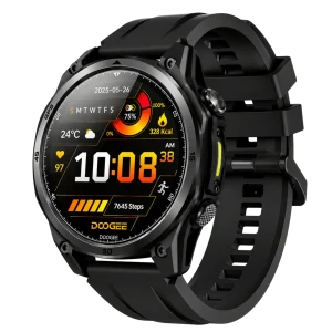 Doogee Anywise W1 en plata, reloj robusto con pantalla circular, correa de silicona gris, botones laterales, GPS L1+L5, linterna LED y batería hasta 18 días