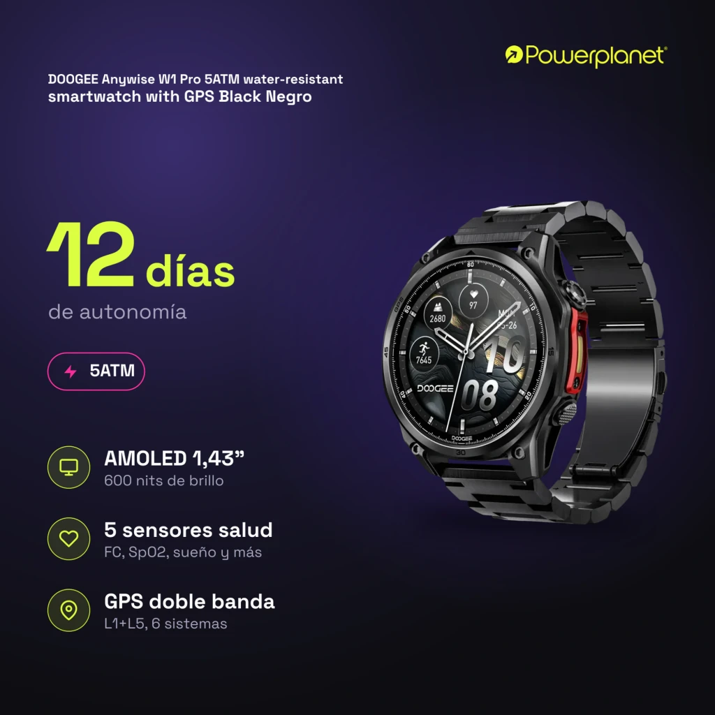 Doogee Anywise W1 Pro smartwatch negro con caja robusta, bisel metálico, correa de eslabones, pantalla circular con esferas fitness y botón lateral rojo - Ítem4