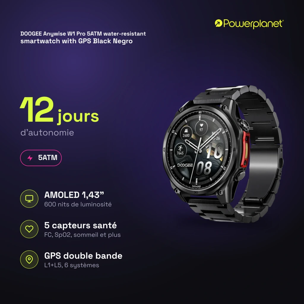 Doogee Anywise W1 Pro smartwatch negro con caja robusta, bisel metálico, correa de eslabones, pantalla circular con esferas fitness y botón lateral rojo - Ítem2