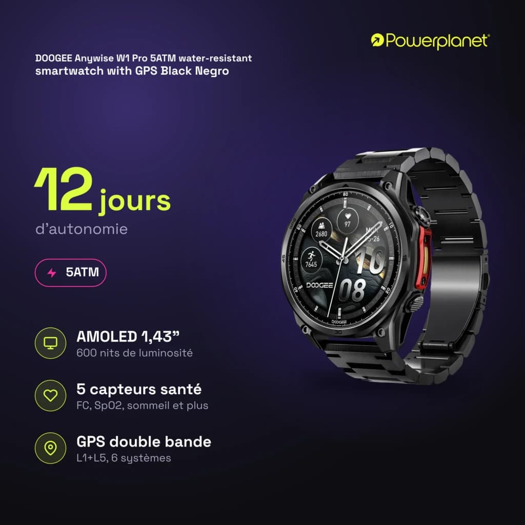 Doogee Anywise W1 Pro smartwatch preto com caixa metálica, ecrã AMOLED 1,43 pol, moldura robusta, botões laterais e pulseira preta ajustável