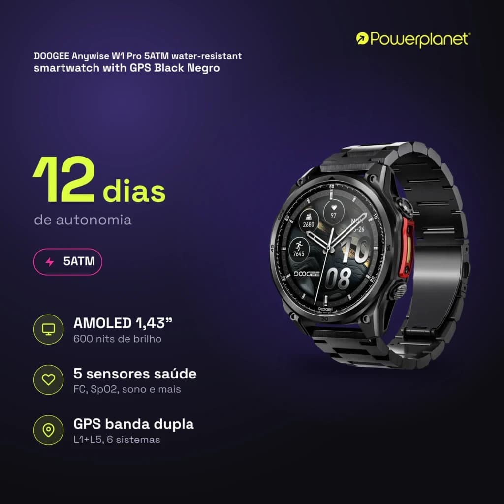 Doogee Anywise W1 Pro preto com caixa metálica, mostrador redondo 1,43 AMOLED, botões laterais e pulseira robusta; design esportivo e resistente 5ATM com GPS