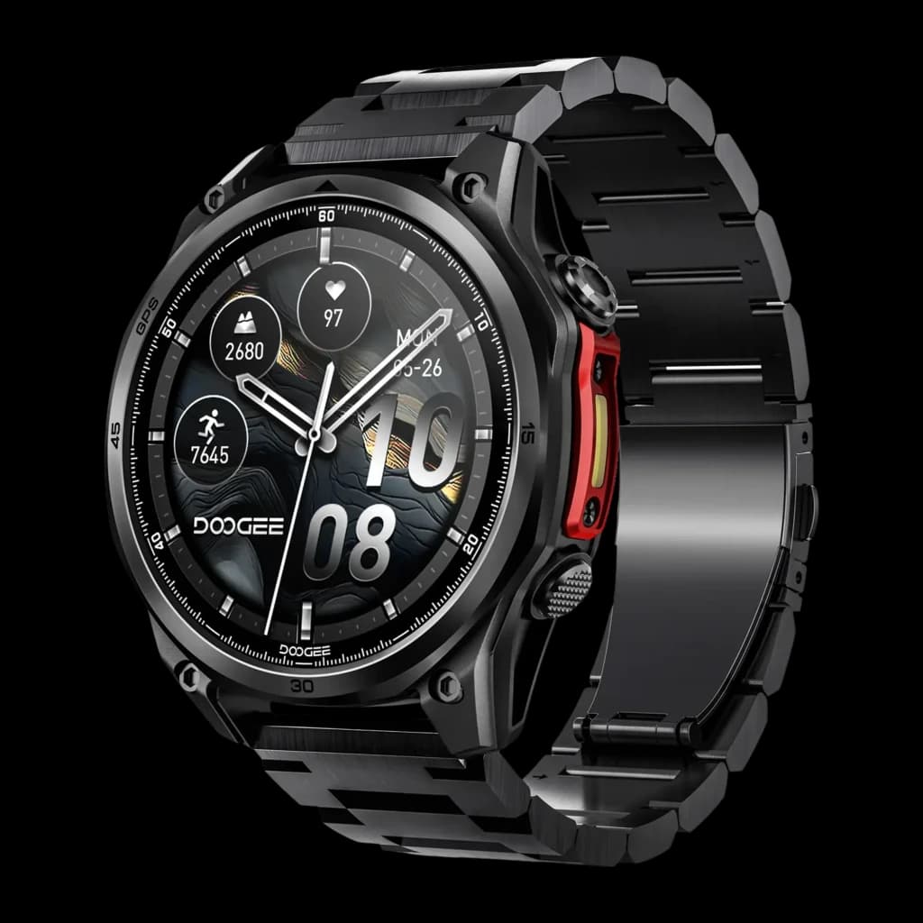 Doogee Anywise W1 Pro smartwatch preto com caixa robusta metálica, pulseira de aço, mostrador redondo com múltiplos widgets e botão lateral vermelho
