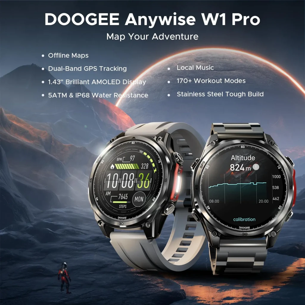 Doogee Anywise W1 Pro smartwatch negro con caja robusta, bisel metálico, correa de eslabones, pantalla circular con esferas fitness y botón lateral rojo - Ítem10