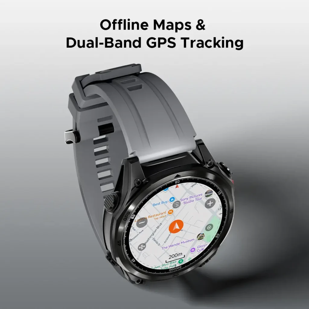 Doogee Anywise W1 Pro smartwatch negro con caja robusta, bisel metálico, correa de eslabones, pantalla circular con esferas fitness y botón lateral rojo - Ítem8