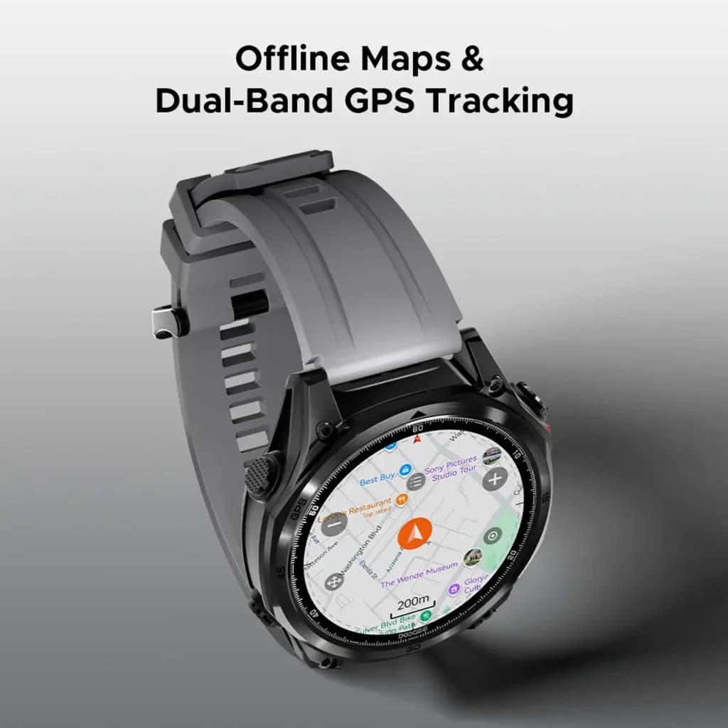 Doogee Anywise W1 Pro smartwatch preto com ecrã redondo, mostrador de mapa offline, rastreamento GPS de banda dupla e pulseira robusta cinza escura