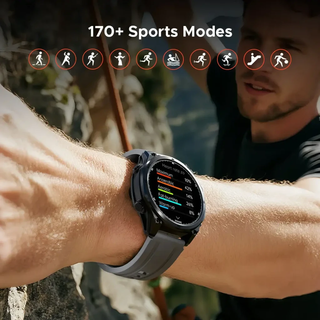 Doogee Anywise W1 Pro smartwatch negro con caja robusta, bisel metálico, correa de eslabones, pantalla circular con esferas fitness y botón lateral rojo - Ítem7