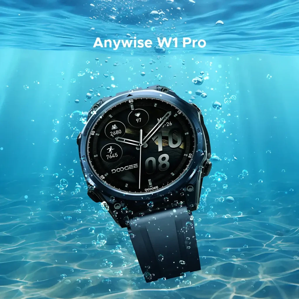 Doogee Anywise W1 Pro smartwatch negro con caja robusta, bisel metálico, correa de eslabones, pantalla circular con esferas fitness y botón lateral rojo - Ítem6